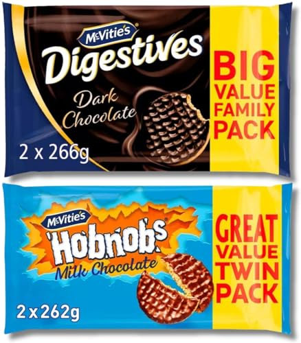 Mcvities Biscuits Multipacks - McVities Digestives Biscuits Dark Chocolate 2x266g and McVitie's Hobnobs Biscuits The Oaty One Milk Chocolate 2x262g Bundled | Great Deal | Sold by ESSENTIAL PRODUCTS