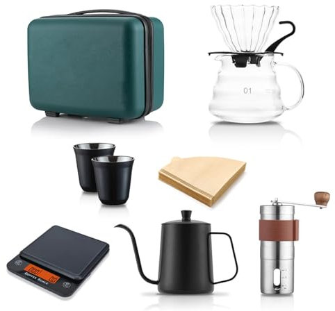XQZMD Hand Brewed Coffee Set, Portable Multifunctional Coffee Grinding Hand Brewing Tool Set with Filter Papers, Coffee Brewing Travel Kit for Outdoor, Picnic (Suitcase 8pcs)
