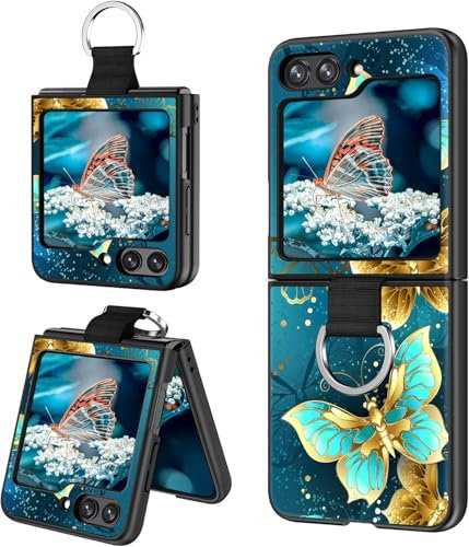 YINLAI for Samsung Galaxy Z Flip 6 Case Butterfly Pattern Glow in the Dark with Ring TPU Bumper PC Shell Scratch-Resistant Cover Case Protective Case for Samsung Galaxy Z Flip6 5G, Blue Butterfly
