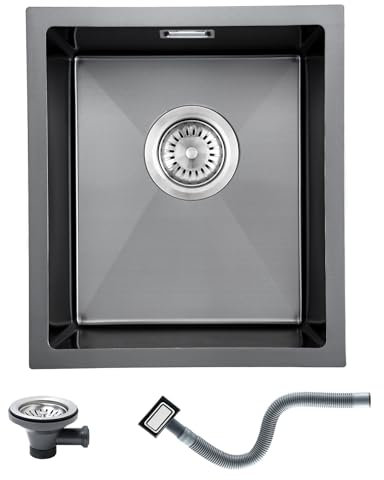 KEOKBON Fregadero negro antracita 35 x 40 cm, fregadero negro antracita, fregadero de cocina de acero inoxidable rectangular, moderno fregadero de acero inoxidable, empotrable pequeño a partir de