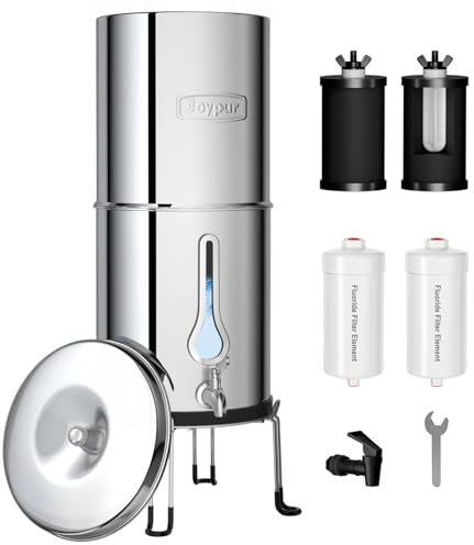 Joypur Schwerkraft Wasserfilter Edelstahl 304, 2 Aktivkohle und 2 Antifluorfilter, 38000L System, Tropfenfenster, für Zuhause, Camping