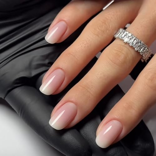 French False Nails Medium, 24Pcs Gradient White Pink French Fake Nails, Square Press on Nails, Removable Nail Tips with Nail Glue, Stick on Nail for Women Girls Nail Art