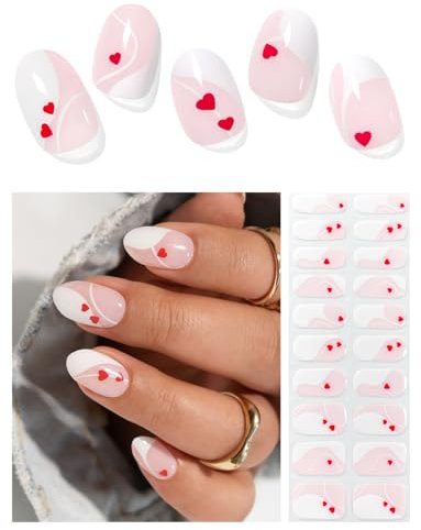 AutyaMee Semi Cured Gel Nail Strips (White Line Love), 20 Pcs Gel Nail Wraps, Stickers, UV Light Required, Salon Quality, Long Lasting, Valentines Day Gift