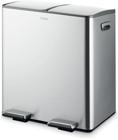 Tower T838022SS Recycling Pedal Bin, Two 20L Compartments with Removable Inner Buckets, Carbon Steel Body, 40L, Stainless Steel