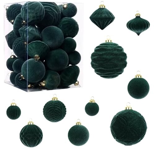 STEEIRO 35 Stück Samt Weihnachtskugeln Set – Kunstoff Velvet Weihnachtskugeln Samt, Weihnachtsbaumkugeln mit Haken für Weihnachtsbaum, Feiertage, Partys, Zuhause, Dekoration (Dunkelgrün)