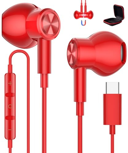 ACOCOBUY USB C Earphones for Samsung A16 A17 A56 S26 S25 S24 S22 S21 Ultra | Magnetic Type C headphones with Mic HiFi Wired Earbuds for iPhone 17 16 15 for Redmi Note 15 for Pixel 9a 10a Men Women Red