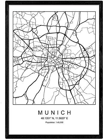 Nacnic Minimalistische Stadtplanen Poster. Geometrische Stil Wanddekoration Abbildung von München. Verschiedene Deutsche Stadtkarten, Plänen und Reisen Bilder ohne Rahmen. Größe A4.