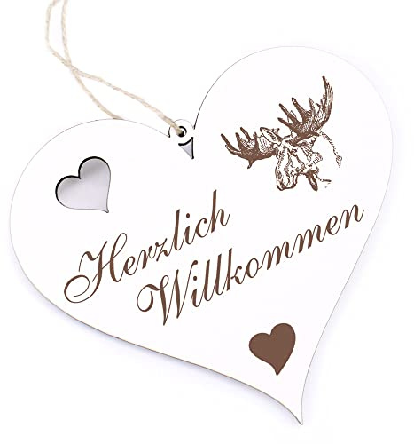 Herzlich Willkommen Schild - Elch Kopf - Deko Herz Holz Willkommensschild Türschild Dekoschild Türdeko