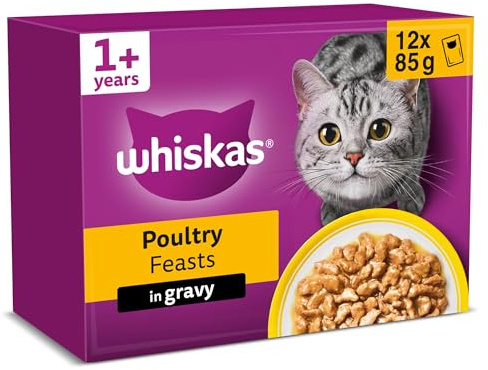 WHISKAS Adult Wet Cat Food in Gravy 12x85g Poultry Feasts (Pack of 4)