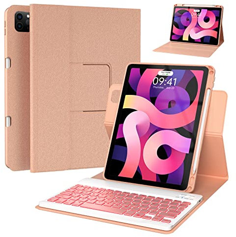 Keyboard case for ipad Air 11 inch(M2 2024)/10.9 Inch Air 5th 4th Generation & iPad Pro 11 inch (1st/2nd/3rd/4th Gen) 360° rotational case Folio Cover with Pencil Holder - Backlit Detachable-(Pink)