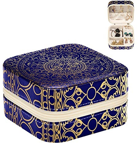 KQNZT Schmuck-Organizer-Box, kleine Schmuckaufbewahrung aus Pu-Leder für Ohrringe, Ringe, Halsketten, Armbänder,Ethnische orientalische blaue Goldhippie Mandala