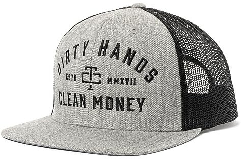 TROLL CO. CLOTHING Dirty Hands Clean Money Meshback-Hut – schwarz, verstellbarer Snapback, gebogene Krempe, Einheitsgröße, Grau meliert und Schwarz – Netzrücken, Einheitsgröße