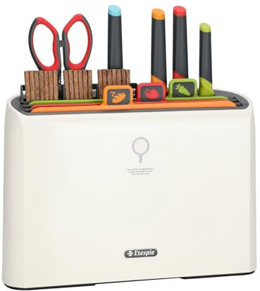 Smart Cutting Board and Knife Set,Self Cleaning Cutting Board and Knife Set with 4 Stainless Steel Knives,3 Color Coded Cutting Boards,10 Pairs of Chopsticks and 1 Pair of Scissors