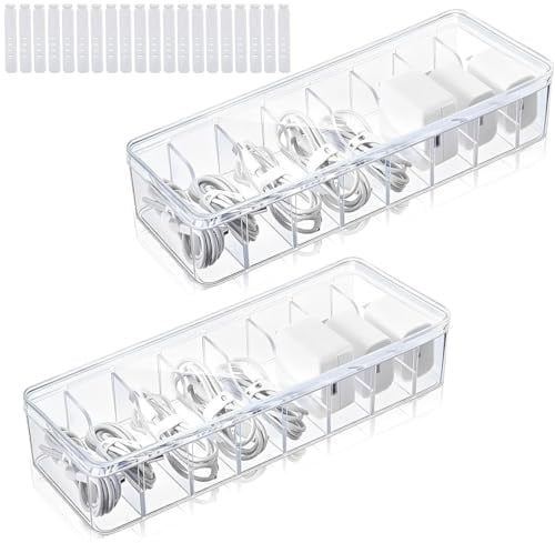 2 Stück Kabel Organizer Box mit Deckel, 8 verstellbare Fächer Kabel Aufbewahrungsbox mit 20 kabelbinder, Transparente Staubdichte Ladekabel Aufbewahrung für Schreibtisch, Kosmetik, Schmuck