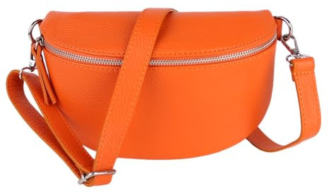 MIRROSI® Bauchtasche Damen, Made in Italy, Echtleder Umhängetasche Echtes Leder, Brusttasche, Crossbody Bag aus Echtem Leder, in 3 Größen erhältlich (Orange Silberner Reißverschluss) (Gr.M)
