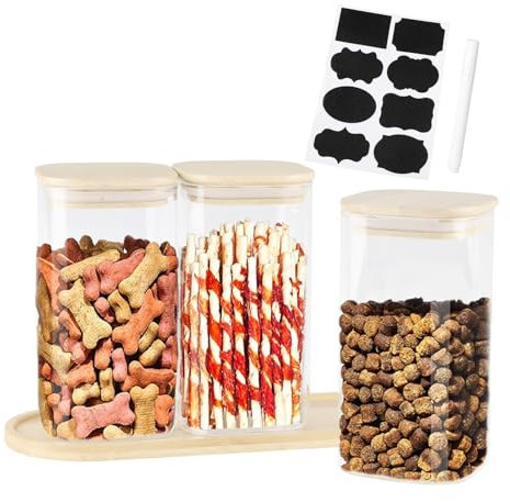 APITOS Dog Treat Container-Dog Treat Jar-Cat Treat Container Glass&Bamboo Combo Set,with 3 Glass Jars and1bambootray,Fashionable Treat Containers with Lids for Pets,for Cat Dog Treat Organizer/Square