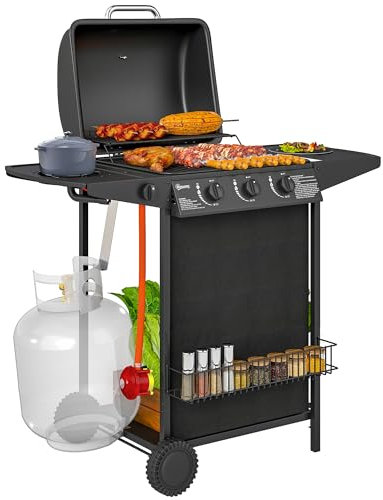 Outsunny 3+1 Burner Gas BBQ Grill with Built-in Thermometer, Lid, Portable Gas Barbecue Grill with Side Table, Shelf, Spice Rack, Wheels, Grease Cup for Garden Party Outdoor Cooking, Black