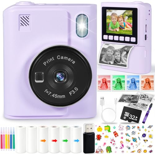 CYJJYZ Camara Fotos Infantil Instantanea, HD 1080P Camara de Fotos Instantaneas, con Tarjeta de 32G y 6 Rollos Papel de Impresión, Cámara Instantánea, Regalo para Niñas y Niños de 3 a 12 Años