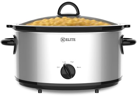 Kitchen Elite 6 Quart Slow Cooker for Large Families, Stainless Steel Crock Pot with 3 Heat Settings, Dishwasher-Safe Ceramic Pot & Tempered Glass Lid