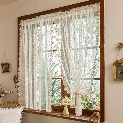 KnBoB Küchengardine Kurz, Bistrogardine Voile, Scheibengardinen mit Pflaumenblüten-Muster, Halbtransparent, Landhausstil, Stangendurchzug, 175x140 cm, Beige