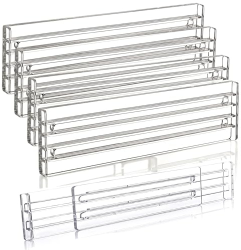 4 Stück transparente Schubladentrenner verstellbar 28-52 cm, Klebemontage | 8 cm hohe Trennwände aus Kunststoff, werkzeuglose Montage für Kleiderschrank, Küche & Kommode.