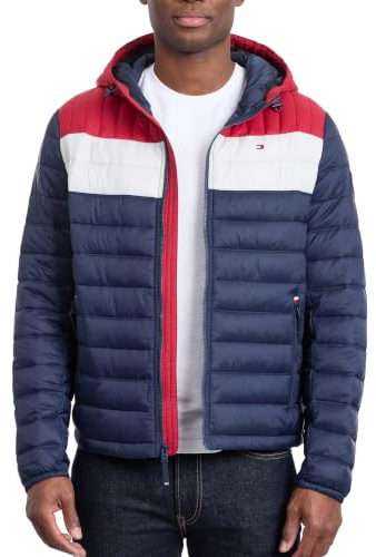 Tommy Hilfiger Men's Hooded Puffer Jacket, Midnight/White/Red, XXL
