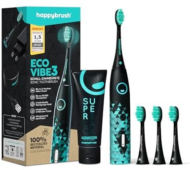 happybrush® Schallzahnbürste Eco Vibe 3 - TESTSIEGER 2024-100 Tage testen - Elektrische Zahnbürste mit 6 Wochen Akku - Ultraschall Zahnbürsten - Inkl. 3 Aufsteckbürsten - Black/Mint