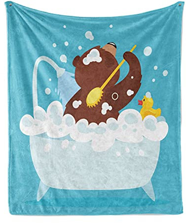 ABAKUHAUS Lustiger Bär Weiche Kuscheldecke Sofadecke, Einen Bubbly Dusche, Gemütlicher Plüsch für den Innen- und Außenbereich, 125 x 175 cm, Blau, Braun, Gelb