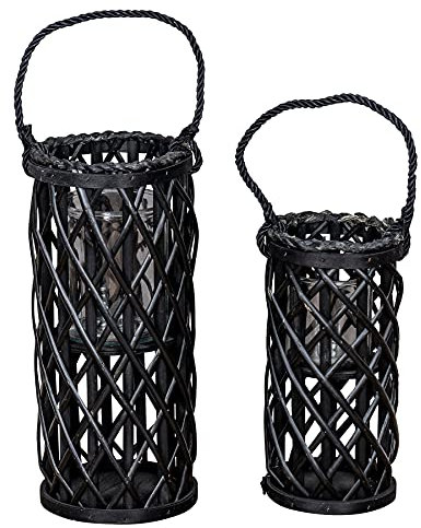 levandeo 2er Set Laterne Windlicht H40cm H31cm Schwarz Holz Weiden-Laterne geflochten Glaseinsatz Kerzenhalter Garten Deko