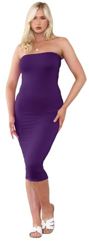 Hamishkane® Abito midi a tubino da donna, senza spalline, tinta unita, aderente e elasticizzato, a fascia, per donne UK, abito lungo senza spalline per feste estive, Viola, 40-42