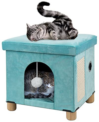 BRIAN & DANY Faltbare Katzenhöhle Große Katzen, Katzenhaus Höhle für Katzen mit Kratzbrett und Spielball, Sitztruhe Sitzhocker Fußhocker mit Holzfüßen 37 x 31.8 x 36 cm, Hellgrün