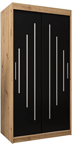 MEBLE KRYSPOL Schwebetürenschrank York 100 cm Kleiderschrank mit Kleiderstange und Einlegeboden Schlafzimmer- Wohnzimmerschrank Schiebetüren Modern Design (Artisan Eiche + Schwarz)