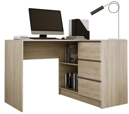 3E 3xE living.com 3xEliving Lynna Schreibtisch B16 Right Sonoma Eiche Kleiner Eckschreibtisch mit DREI Schubladen, rechte Seite, Maße: Höhe: 77 cm, Breite: 124,5/85 cm, Tiefe: 45/48,5 cm