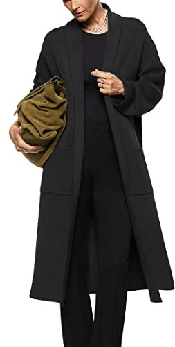 Womens Long Sleeve Maxi Cardigan Open Front Oversized Knitted Sweater Coat Casual Lapel Warm Overcoat with Pockets, Black, L