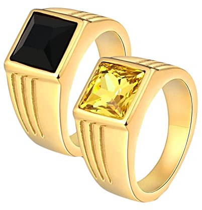 ANAZOZ Anillos Acero Inoxidable Personalizado,Anillos Pareja Novios Oro Anillo Cuadrado Circonita Amarilla Negra Tamaño Mujer 14(54mm) + Hombre 20(60mm)