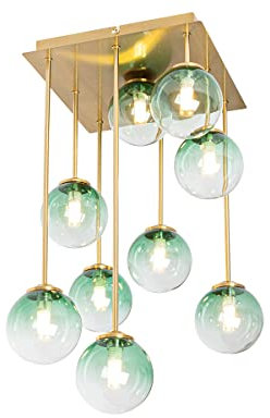 Qazqa - Art Deco Art-Deco-Deckenlampe Gold I Messing mit grünem Glas 9 Lichter - Athen I Wohnzimmer I Schlafzimmer - Stahl Quadratisch - LED geeignet G9