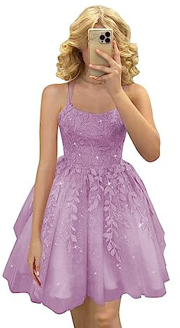 YIANN Junior's Spaghetti Straps Homecoming Dresses Appliques Tulle Short Mini Skirt Off The Shoulder Graduation Prom Party Gown Lilac UK14