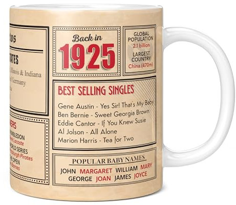 Mug Monster - 100th Birthday Gifts for Men - Back in 1925 in This Year Mugs, Unusual 100th Birthday Gifts for Women, Wedding Anniversary Present, 11oz White Ceramic Coffee Mug