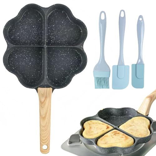 SPORWAY Antihaft Omlettenpfanne, 4 Loch Herzform Eierpfanne Tamagoyaki Pfanne, Kreativ Niedlich Pfannkuchen Pfanne mit Abnehmbarer Griff für alle Herdarten, Backofen und Spülmaschinenfest