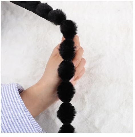 Rockreyoa Kunstfell Bommel Bordüre Flauschiger Kunstpelz Plüschband Kunstpelzband Fell Pom Pom Trim Fellbommel für Hochzeit Hausschuhe Pantoffel Kragen Kuscheltier Kleidung Schwarz 2m