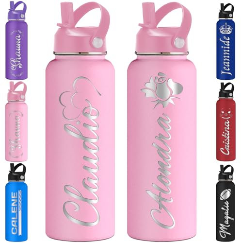 Custom Water Bottle for kids Personalised with Name Bulk Customised Stainless Steel Insulated Bottles Straw Lid Engraved 12oz 18oz 24oz 32oz 40oz Women Men Adults School Cycling Gym Sports-Pink
