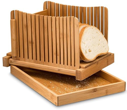 Trancheuse à pain en bambou, support à trancher le pain à 3 tranches d'épaisseur avec plateau récupérateur de miettes, léger et facile à ranger, pour gâteaux, bagels, levain et fournitures d'outils