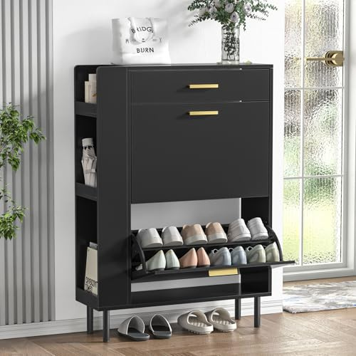 Yvsevnr Schmaler Schuhschrank mit 2 Klappen, 1 Schublade und 3 offenen Fächern, für 12-16 Paar Schuhe, Freistehendes Schuhregal in Schwarz mit verstellbaren Regalen, ideal für Flur und Eingang