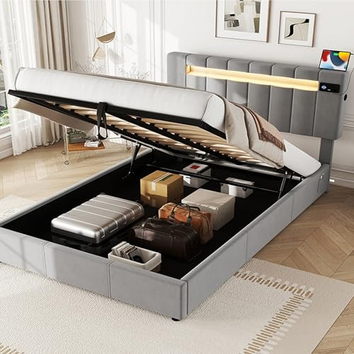 Upholstered Bed Frame with Hydraulic Lift & Stereo Bluetooth Speaker & Side Pockets, 4ft6 Double Bed Frame with LED Lighting and USB Charging, Velvet Functional Ottoman Storage Beds, No Mattress,Grey