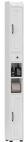 HOMCOM Columna de Baño Estrecha con 2 Puertas Armario Alto de Baño Rústico con Cajón Compartimento Abierto Estantes Ajustables y Portarrollos 20x20x185 cm Blanco