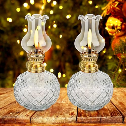 Petroleumlampe für Innenräume 2 Stück, Öllampen aus Glas Retro Nostalgie Transparente Einstellbare Helligkeit Winddicht Dekorative Öllampe für Wohnzimmer Notfalleinsatz Esszimmer