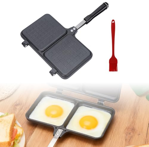 TOATELU Aluminium Doppelseitige Bratpfanne mit Antihaftbeschichtung, Sandwich Maker mit Ölpinsel, Pfannkuchenpfanne mit Verriegelungsgriff, für Küche Frühstück - Geeignet für Gasherde