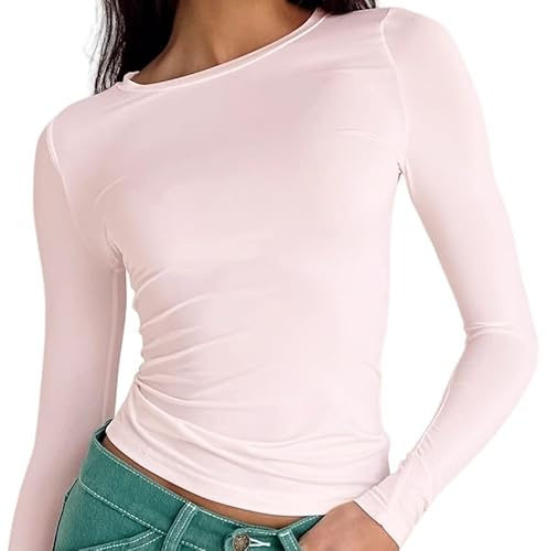 OYIGELZ Tops for Women UK, Light Pink Long Sleeve Tops, T Shirt, Pack of 1 | Y2K Top, Light Pink T-shirts, Sexy Slim Fit Shirts, Basic Crop Tops, Tee Streetwear, Round Neck