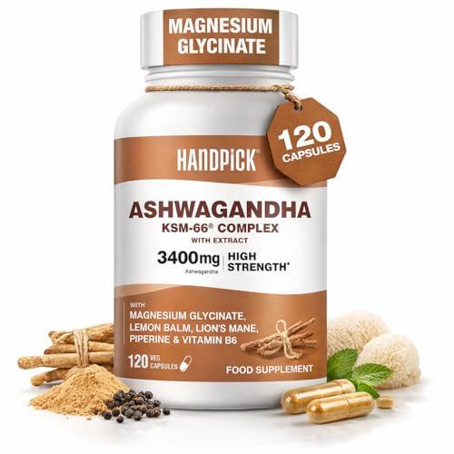 HANDPICK KSM-66 Ashwagandha 3400 mg (120 Capsules | 2 Month Supply) – Extra Strength 10:1 Extract with Magnesium, Lemon Balm, Lion’s Mane & Vitamin B6 – Supplement for Men & Women