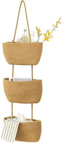 Panier suspendu à 3 étages - Grande décoration murale bohème - En coton - Panier de rangement mural avec poignée - Panier suspendu décoratif pour mur, salle de bain, chambre d'enfant